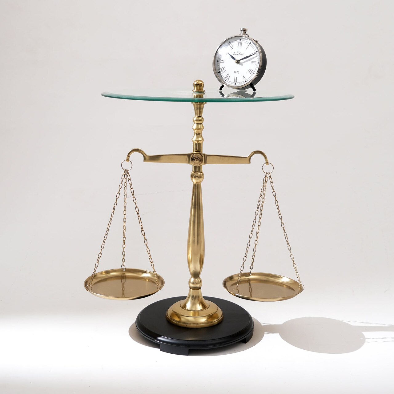 Decorative Nickel Finish Aluminum Balance Libra Accent Table with Glass Top – 16x16x24"| Unique Side Table